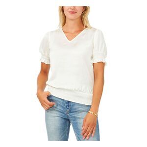 VINCE CAMUTO Womens Ivory Smocked Silk Short Sleeve V Neck Wear To Work Top XS